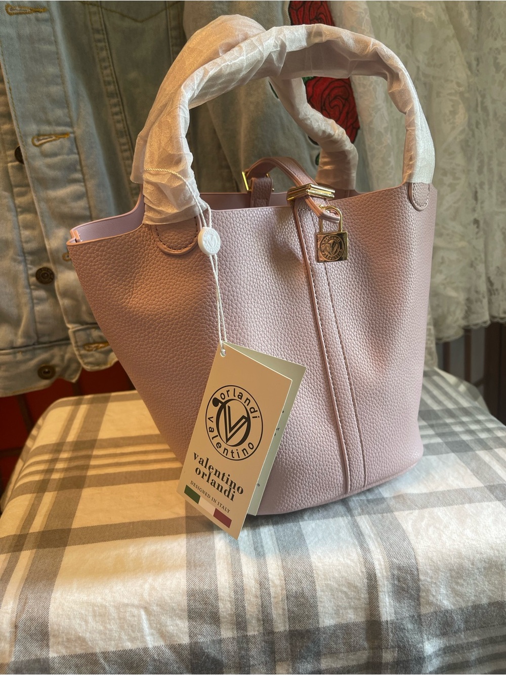 Valentino Orlandi Blush Pink Pebbled Leather Tote with Gold Accent